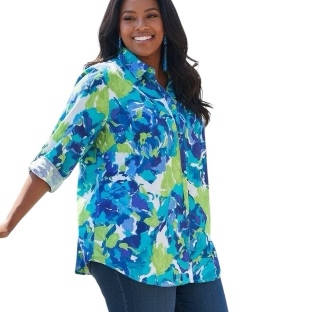 NWT Liz & Me 3X Vibrant Abstract Long Sleeve Button Front Blouse Cotton Spandex